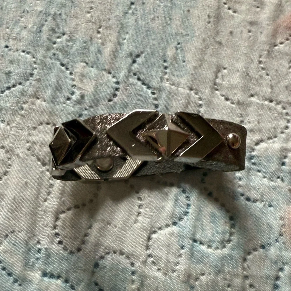 Silver and Grey Geometric Leather Bracelet - Picture 1 of 7